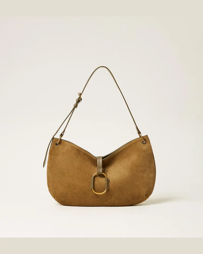 Twin-Set Runde Hobo-Tasche aus Veloursleder Olive