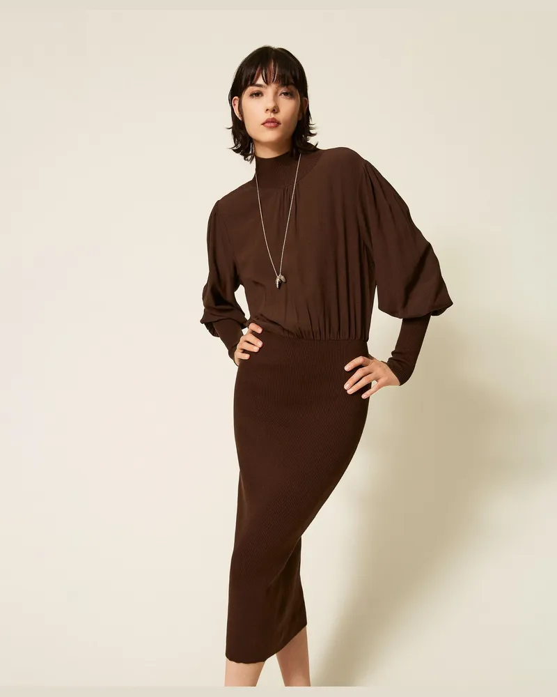 Twin-Set Maxi-Strickkleid aus Crêpe de Chine, Damen, Darkness Brown Darkness