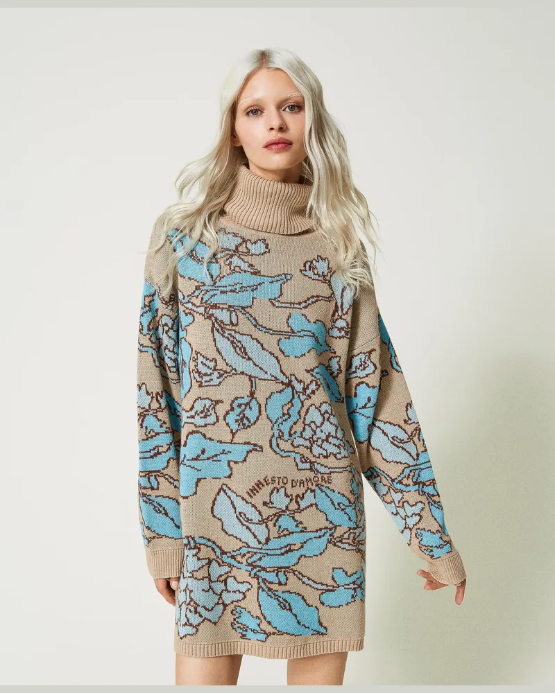 Twin-Set Maxi-Jacquardpullover aus Treeblend-Garn, Jacquard Hearts & Leafs „Iced Coffee"-Braun, Größe: XS 