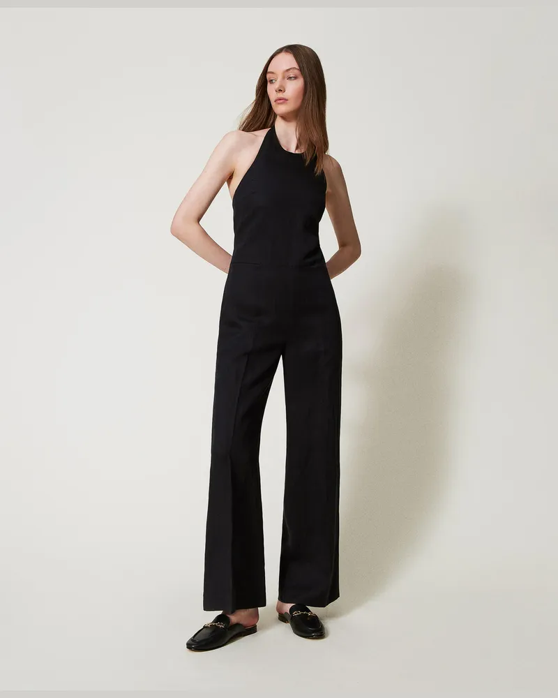 Twin-Set Kleider - Langer Jumpsuit aus Leinenmischung, Schwarz, Größe Schwarz
