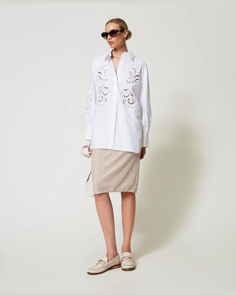 Twin-Set Röcke - Midirock mit Pailletten und Perlen, Paillettenstickerei Pearls Schneeweiß / Delicate Beige, Mit Perlen, Größe Paillettenstickerei