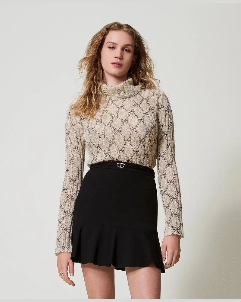 Twin-Set Rollkragenpullover aus Mohairmischung mit Print, Flockenprint „White Cream" / Schwarz, Größe: XXL 