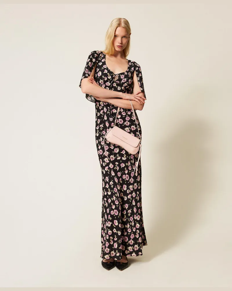 Twin-Set Kleider - Langes Kleid mit floralem Print, Blumen-Print Schwarz/Rose, Mit Blumen, Größe Blumen-print