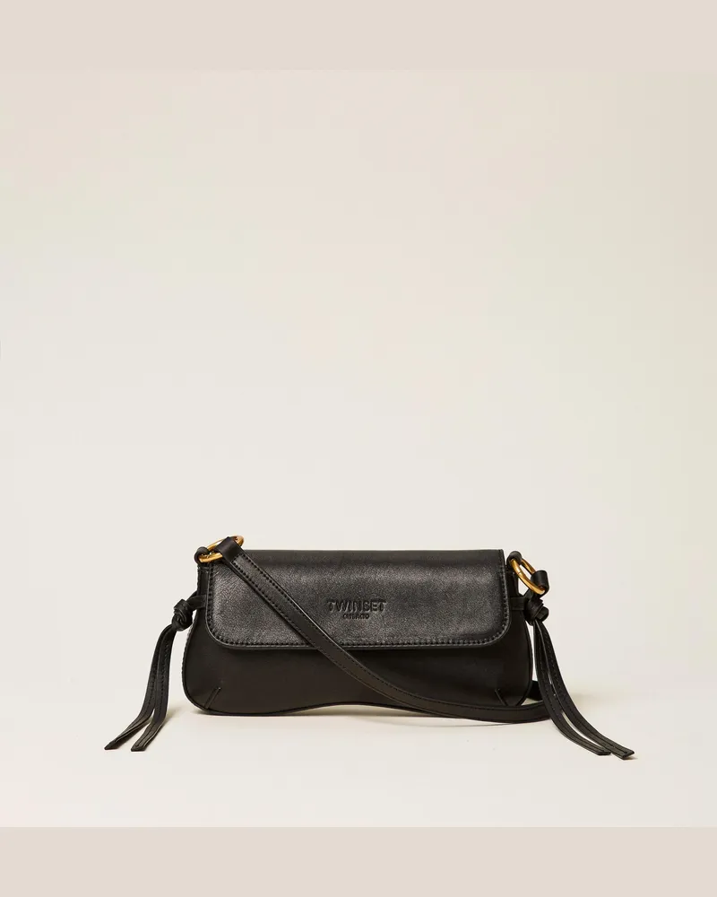 Twin-Set Umhängetasche mit Lederpatte, Damen, Schwarz Schwarz