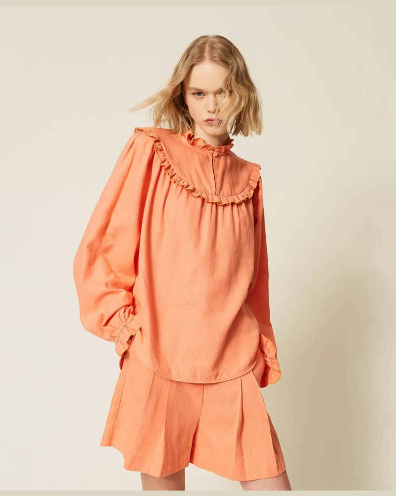 Twin-Set Blusen - Bluse aus Leinenmischung mit Volant, Peach Amber, Größe Peach