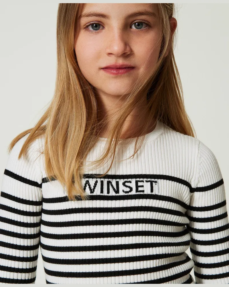 Twin-Set Gestreifter Rundhalspullover mit Jacquardlogo, Zweifarbig Off White / Schwarz, Größe: 8A 