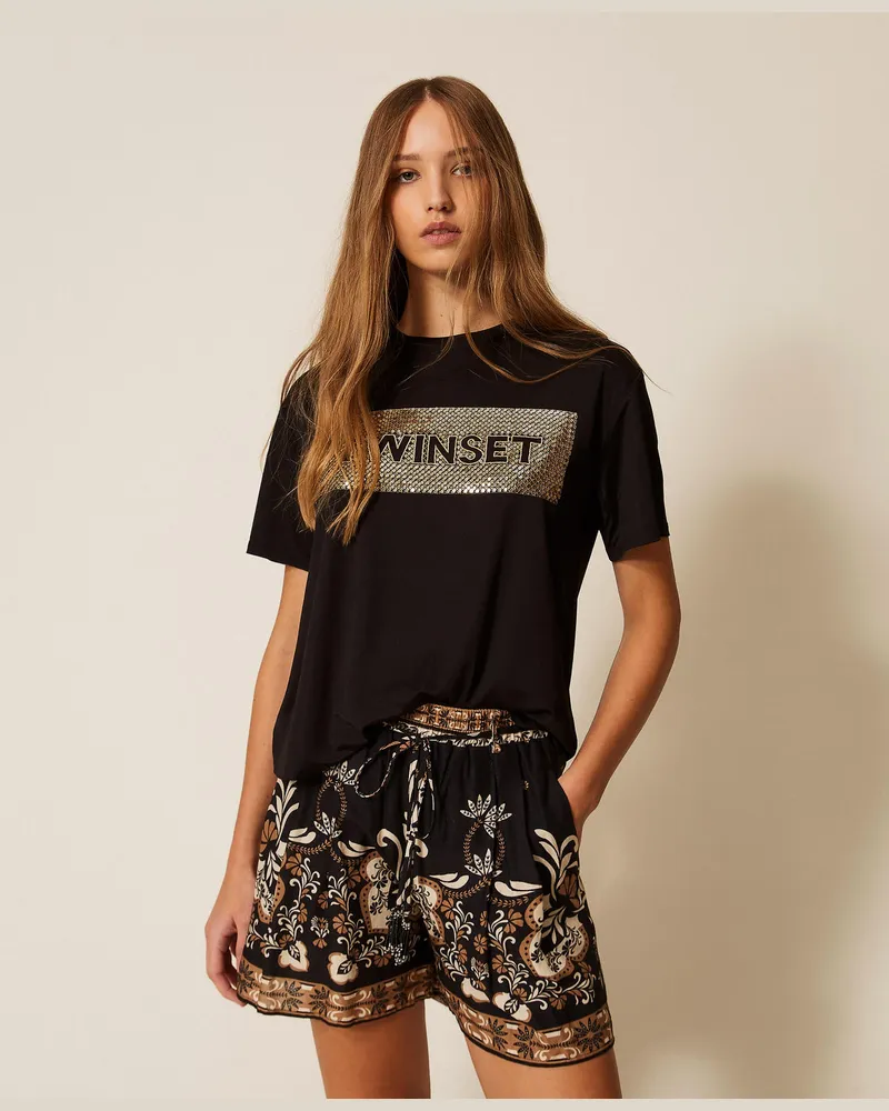 Twin-Set T-Shirts - T-Shirt mit Logo und Pailletten, Schwarz, Jersey, Größe Schwarz