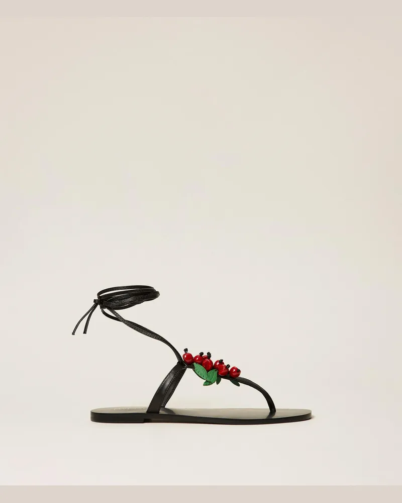 Twin-Set Schuhe - Zehentrennersandale aus Leder mit Kirschen, Schwarz, Größe Schwarz