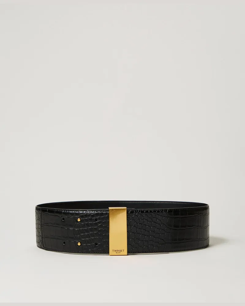 Twin-Set Accessoires - Breiter Taillengürtel mit Krokoprägung, Schwarz, Größe Schwarz