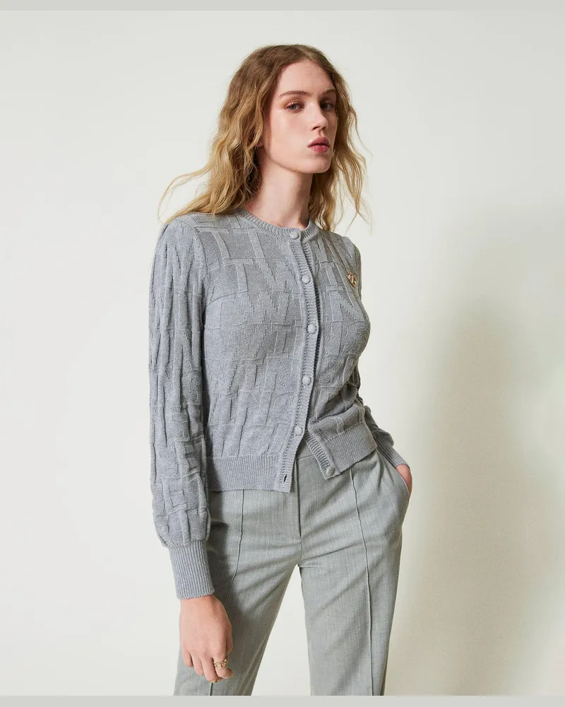 Twin-Set Cardigans - Cardigan aus Baumwolle und Kaschmir mit Logos, Warmes Grau-Melange, Größe: XXL 