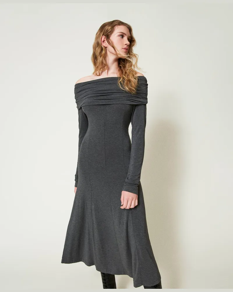 Twin-Set Kleider - Midikleid aus Jersey mit Sticklogo, Anthrazit-Melange, Größe Anthrazit-melange