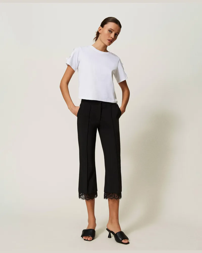 Actitude by Twinset Hosen - Cropped-Hose mit Makrameespitze, Schwarz, Größe Schwarz