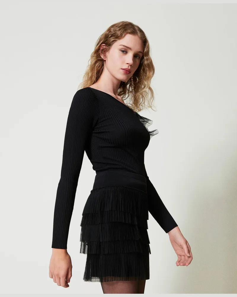 Actitude by Twinset Röcke - Ministrickrock mit Tüllvolants, Schwarz, Plissee, Größe: XS 