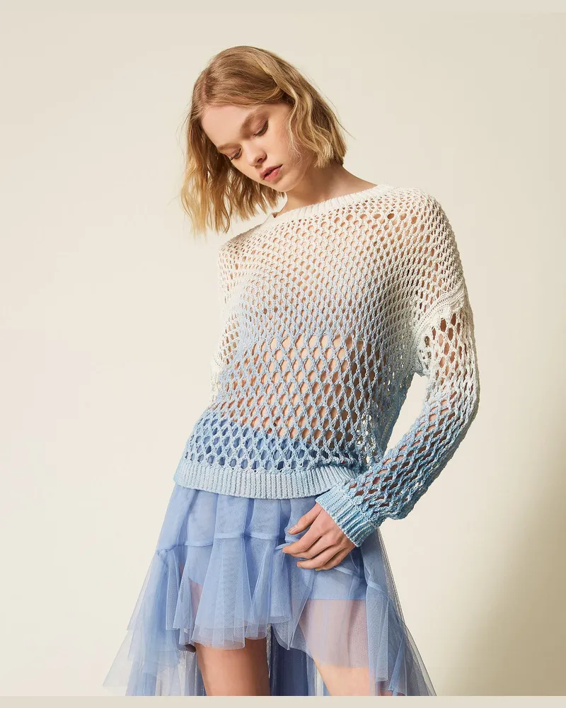 Actitude by Twinset MYFO Netzpullover mit Farbverlauf-Print, Zweifarbig Schneeweiß/Placid Blau, Baumwolle, Größe Zweifarbig