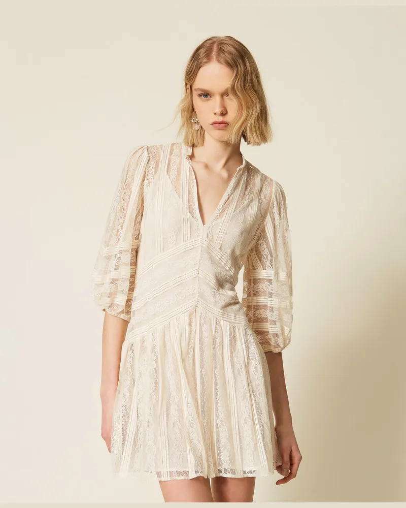 Twin-Set Kleider - Kurzes Kleid aus Spitze im Streifen-Dessin, Perlmutt, Größe Perlmutt