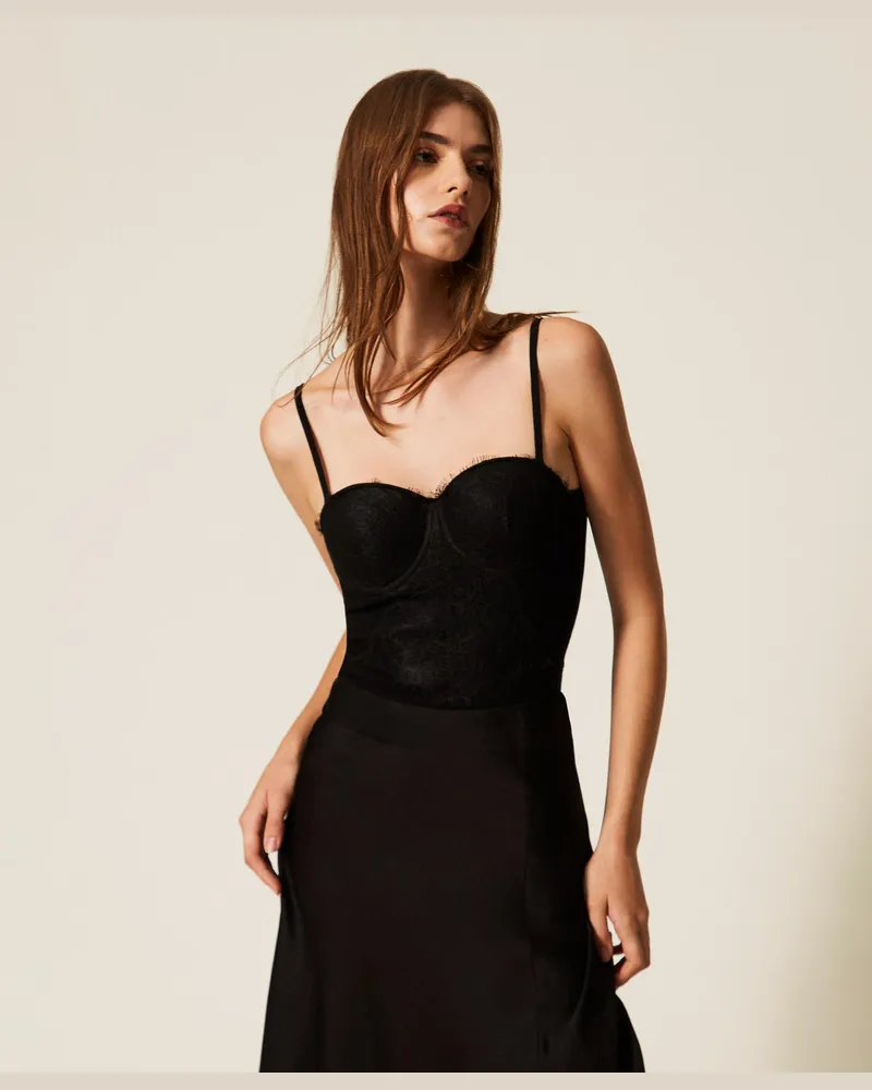 Twin-Set Tops - Bustiertop aus Strick mit Spitze, Schwarz, Größe Schwarz