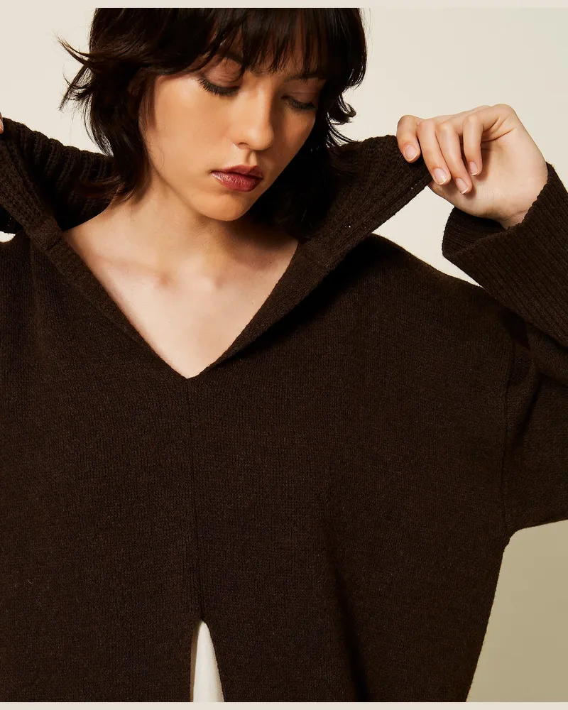 Twin-Set Longpullover aus Wollmischung mit Schlitz, Damen, Darkness Brown Darkness