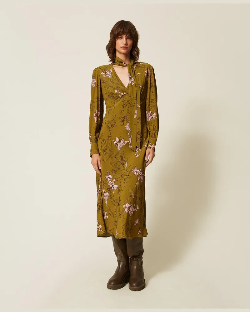 Twin-Set Midikleid aus Crêpe de Chine mit Blumendessin Lilienprint