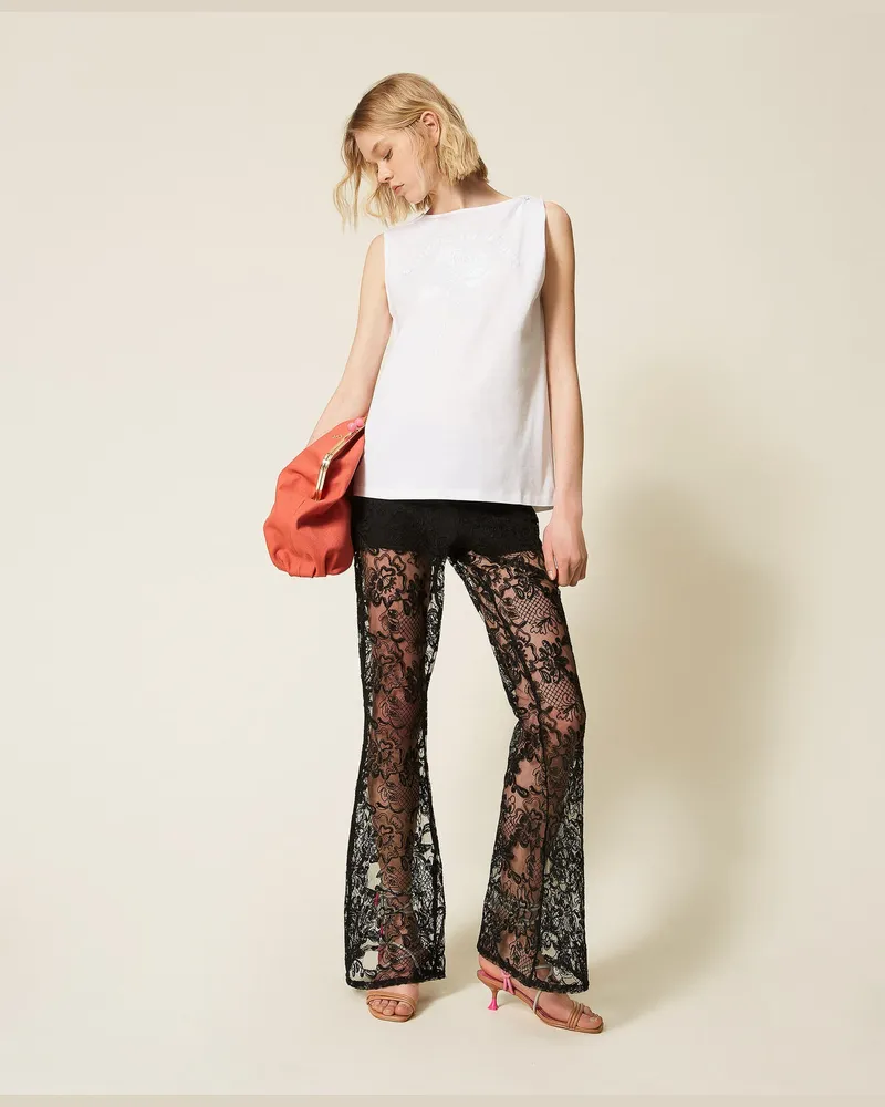 Actitude by Twinset Tops - MYFO Top mit Rosenstickerei, "Papers"-Weiß, Baumwolle, Größe Papers-weiß