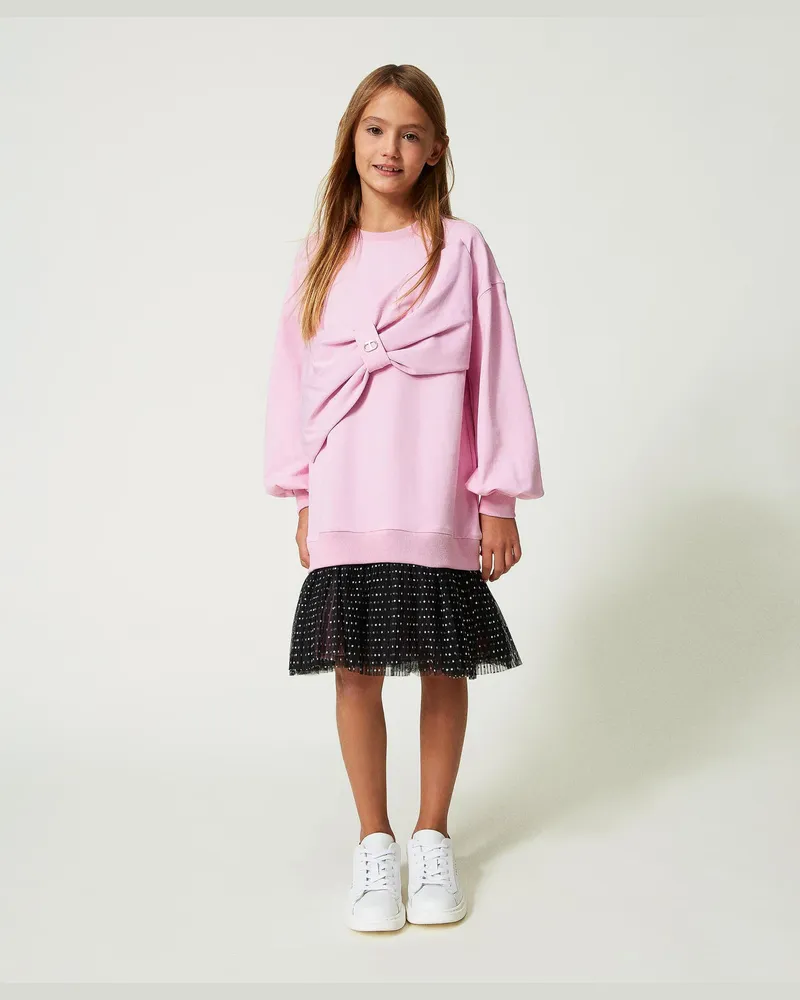 Twin-Set Kleider - Kurzes Sweatkleid mit getupftem Volant, Zweifarbig Bonbonrosa / Tupfen, Mit Tupfen, Größe Zweifarbig