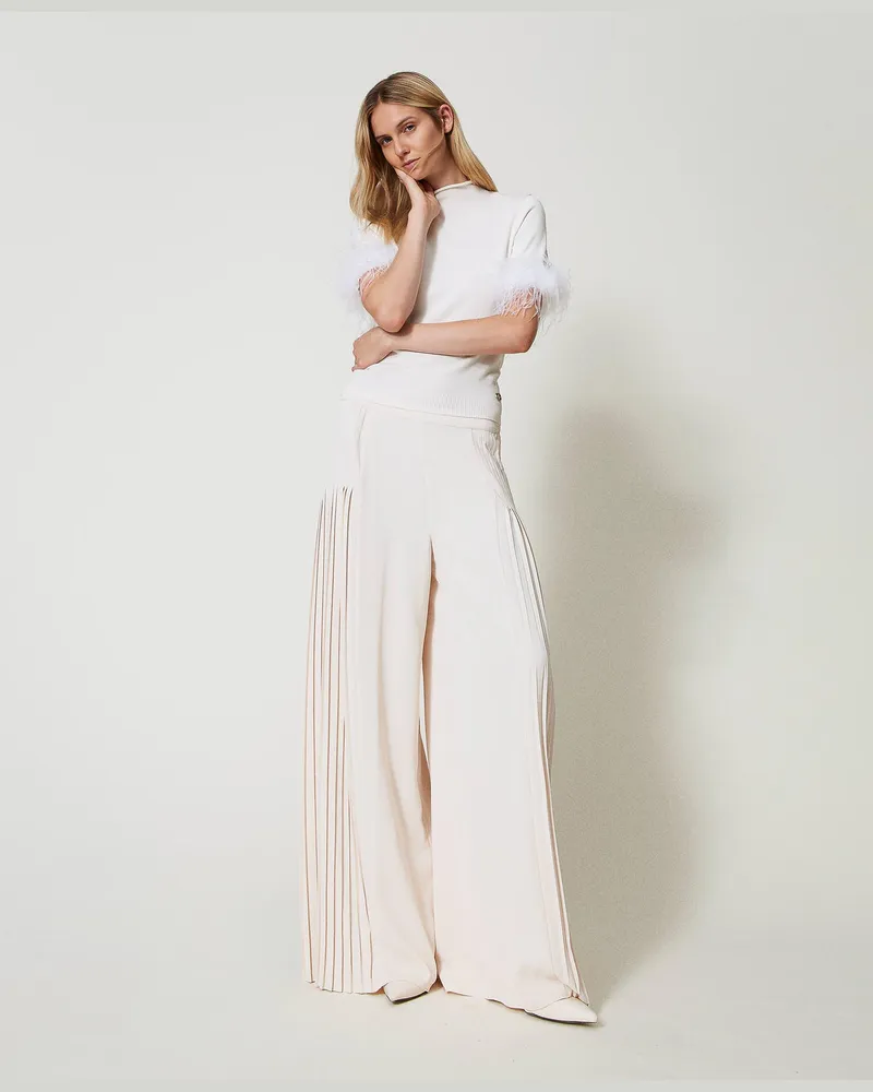 Twin-Set Hosen - Palazzohose aus plissiertem Georgette, „Old White", Plissee, Größe „old