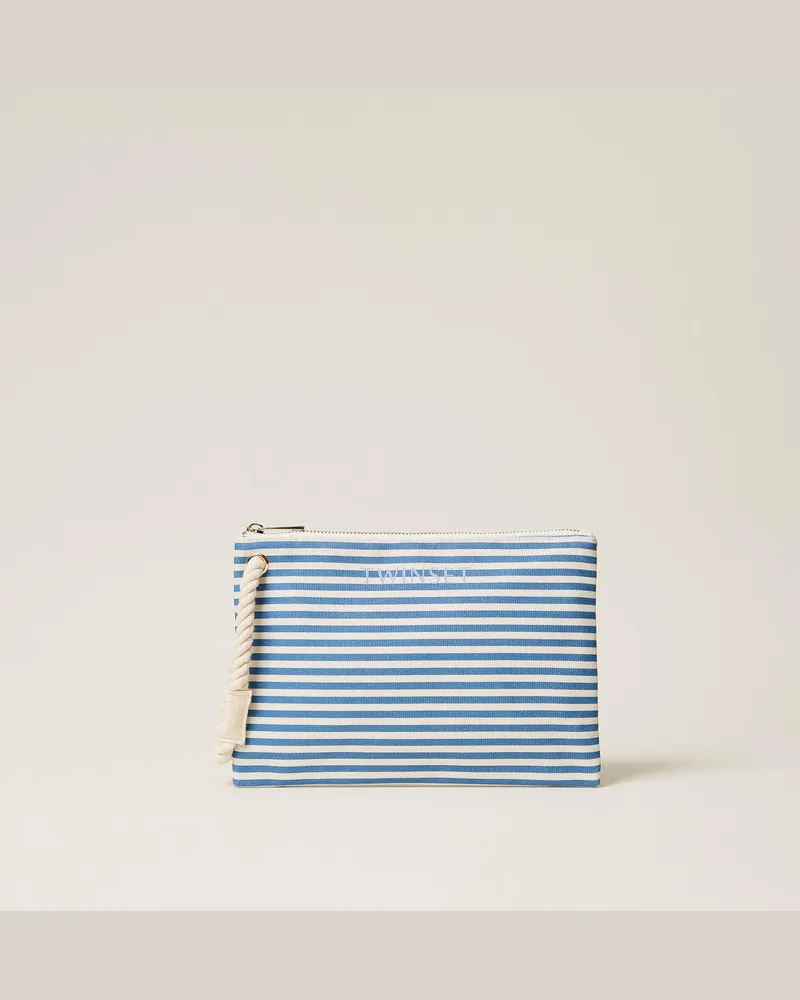 Twin-Set Accessoires - Pochette aus Canvas, Streifen Mittelmeerblau/Off White, Baumwolle, Einheitsgröße Streifen