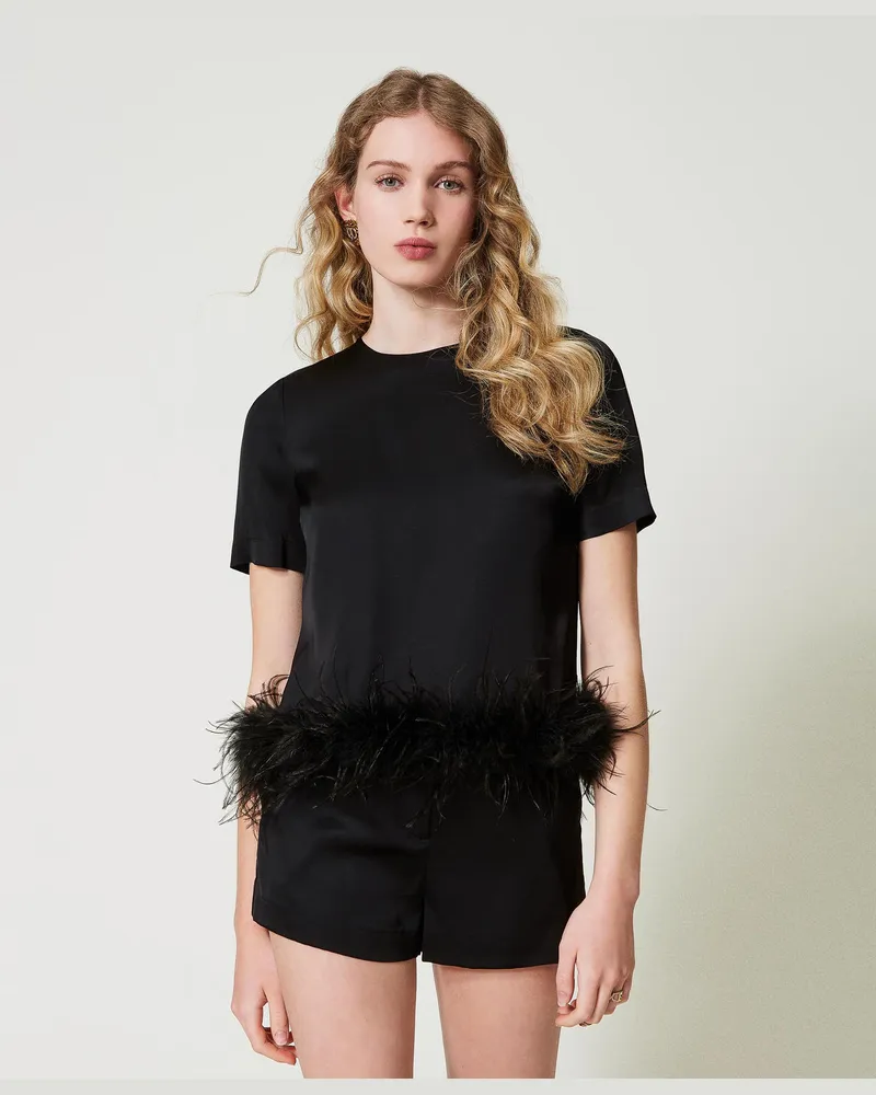Twin-Set Blusen - Satinbluse mit Federn, Schwarz, Größe Schwarz