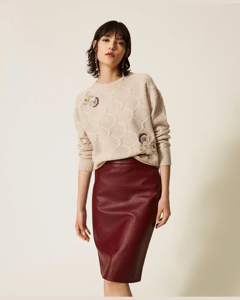 Twin-Set Pullover mit Rundhalsausschnitt aus Wolle mit floralem Stickmotiv, Damen, Meliertes Hellbeige Meliertes