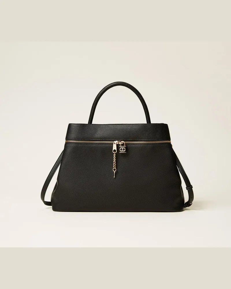 Twin-Set Taschen - Shopper mit Außenfach und „Oval T", Schwarz, Einheitsgröße Schwarz
