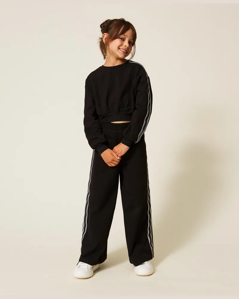 Twin-Set Palazzohose aus Sweatstoff mit Logo, Damen, Schwarz Schwarz