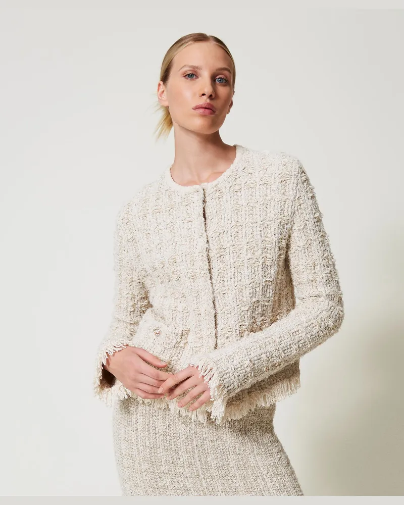 Twin-Set Jacken und Outerwear - Jacke aus Jacquard-Strick mit Lurex, Lurex Gold-Jacquard, weiß, Größe Lurex