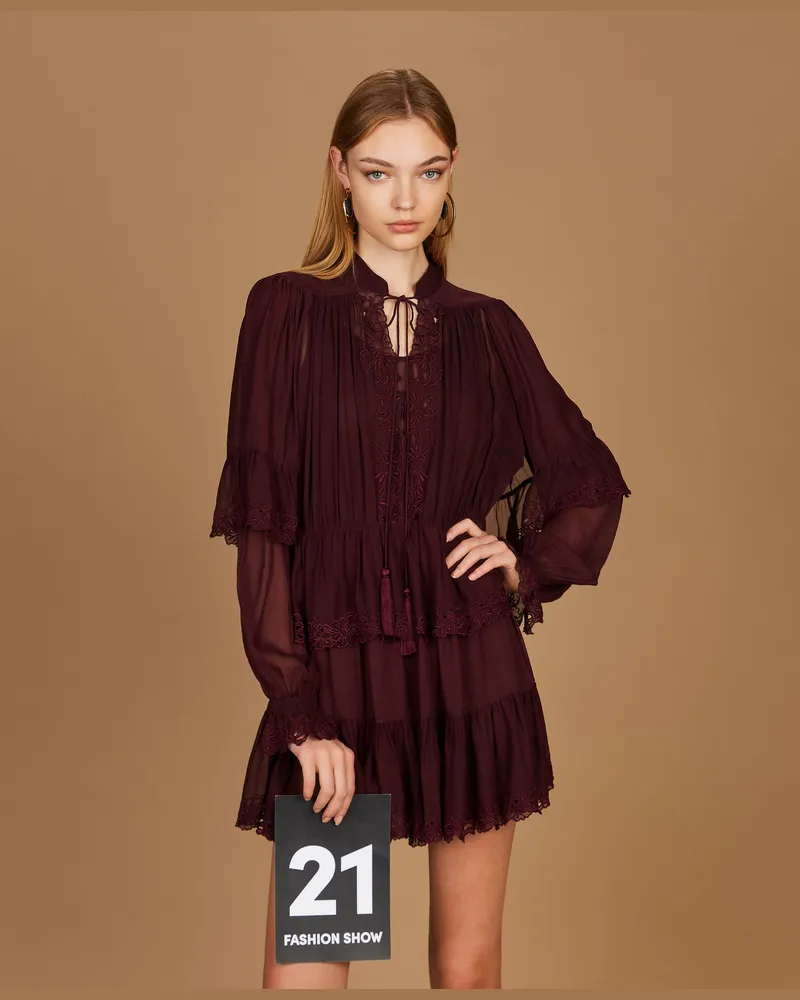 Twin-Set Kurzes Kleid aus Georgette mit Stickerei, Damen, "Winetasting"-Violett Winetasting-violett
