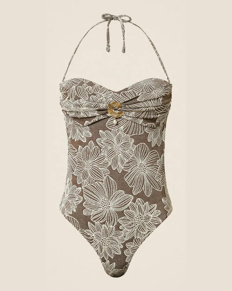 Twin-Set Bademode - Badeanzug aus Jacquard mit Perle, Jacquard Coffe Chocolate/Off White, Mit Blumen, Größe Jacquard