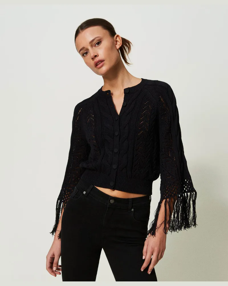 Actitude by Twinset Cardigans - Strickcardigan mit Fransen, Schwarz, Größe: L 