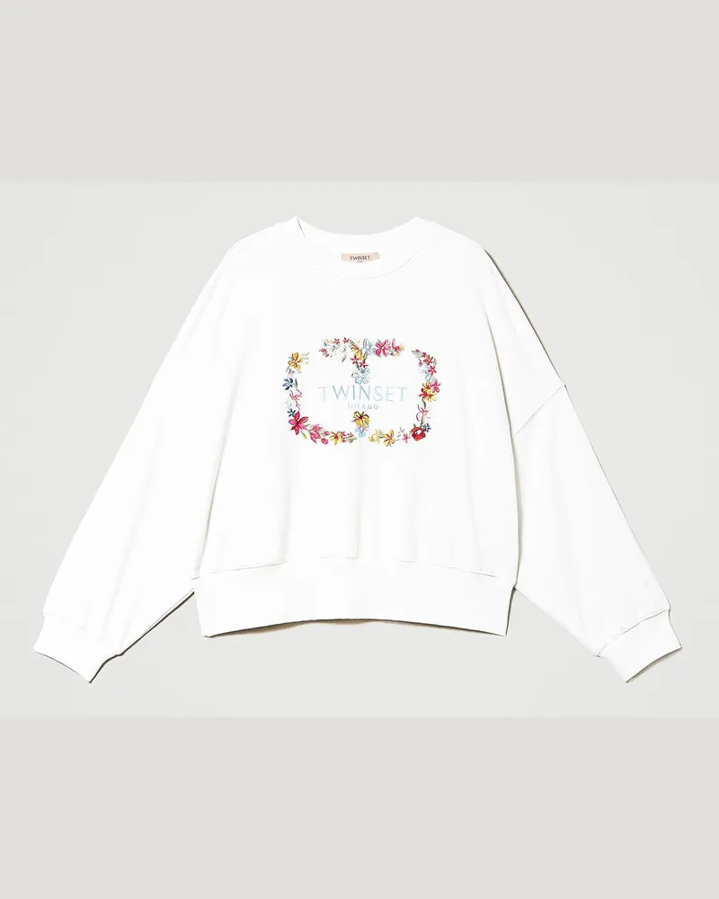 Twin-Set Sweatshirts und -jacken - Sweatshirt mit aus Blumen bestehendem „Oval T"-Logoprint, Weiß Antique White, Baumwolle, Größe: XL 
