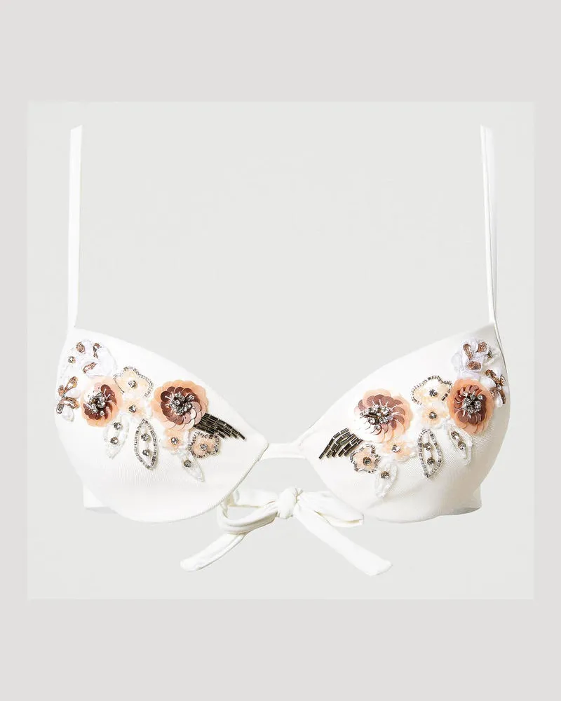 Twin-Set Bademode - Push-up-Bikinitop mit Blumenstickerei, Star White, Größe: 2-B 