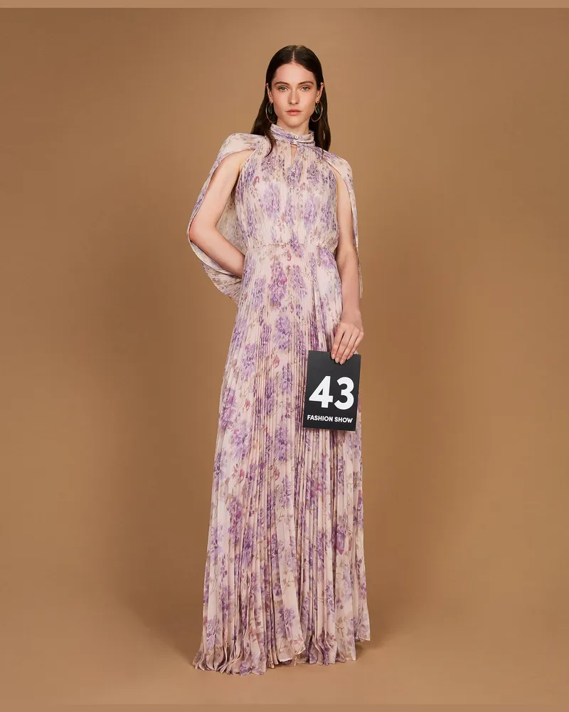 Twin-Set Langes Kleid aus plissiertem Krepon im floralen Dessin, Damen, Blumenprint Schneeweiß/ Lila Blumenprint