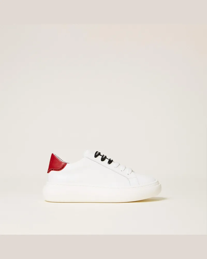 Twin-Set Sneaker aus Leder mit Logo, Damen, Zweifarbig Off White/Red Ruby Zweifarbig