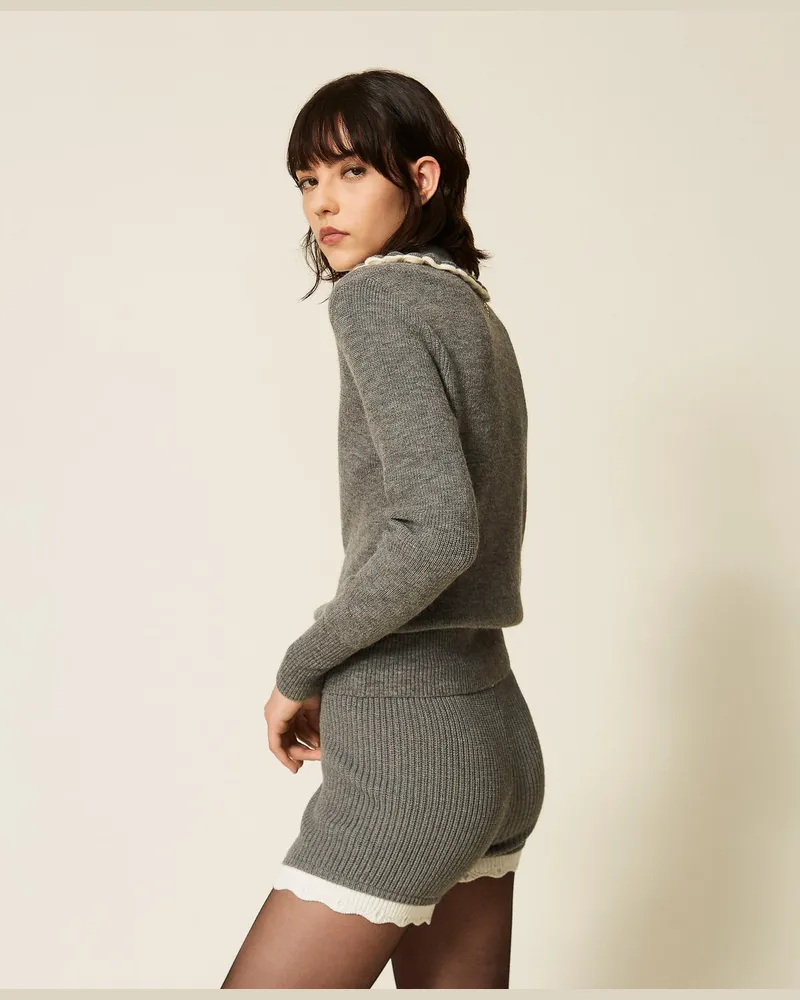 Actitude by Twinset Pullover im Polostil mit Häkelkragen Mittelgrau-melange
