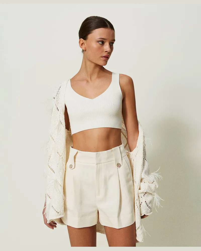 Twin-Set Hosen - Shorts aus Leinenköper, Elfenbein, Größe Elfenbein