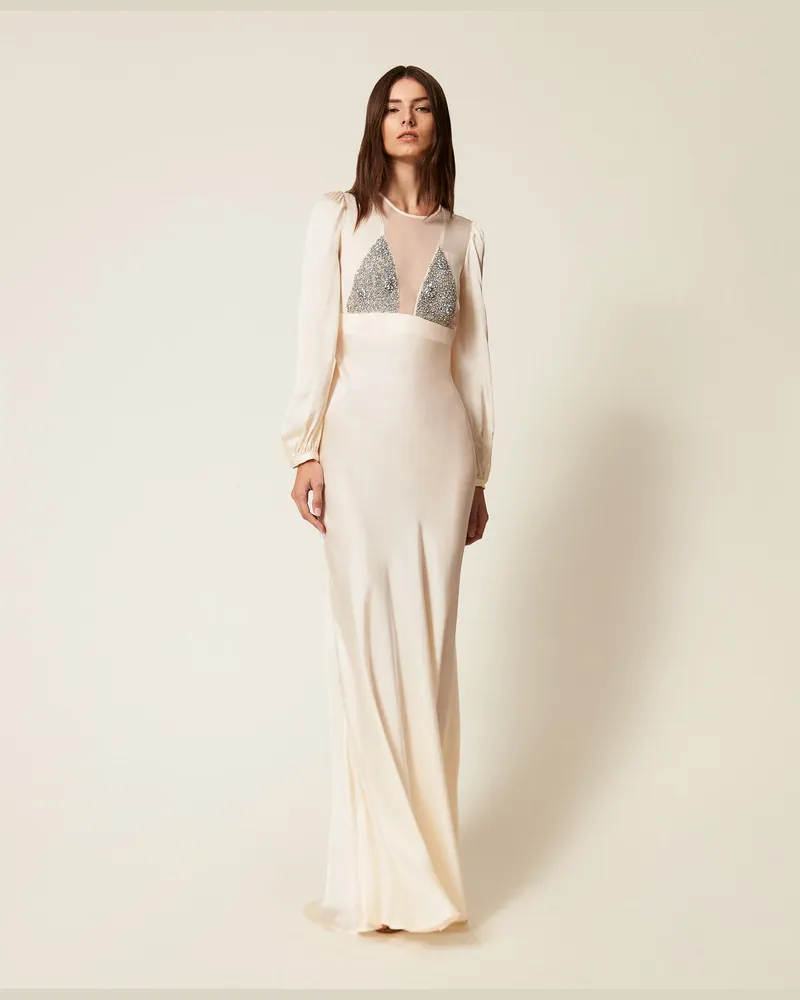 Twin-Set Kleider - Langes Kleid aus Satin und Tüll mit Stickerei, Light Natural, Größe Light