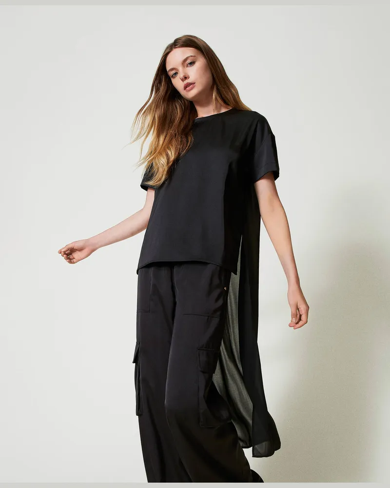 Actitude by Twinset Blusen - Asymmetrische Bluse aus Satin und Georgette, Schwarz, Größe Schwarz