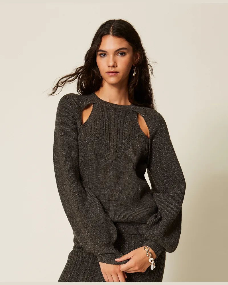 Twin-Set Pullover mit Cut-outs und Zopfmuster, Damen, Dunkelgrau / Gunmetal-Grau Lurex Dunkelgrau