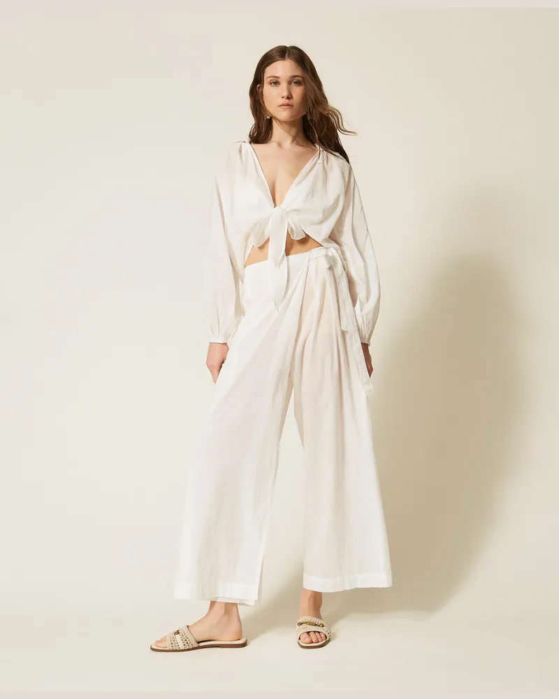 Twin-Set Hosen - Palazzo-Hose aus Musselin, Mattweiß, Baumwolle, Größe Mattweiß
