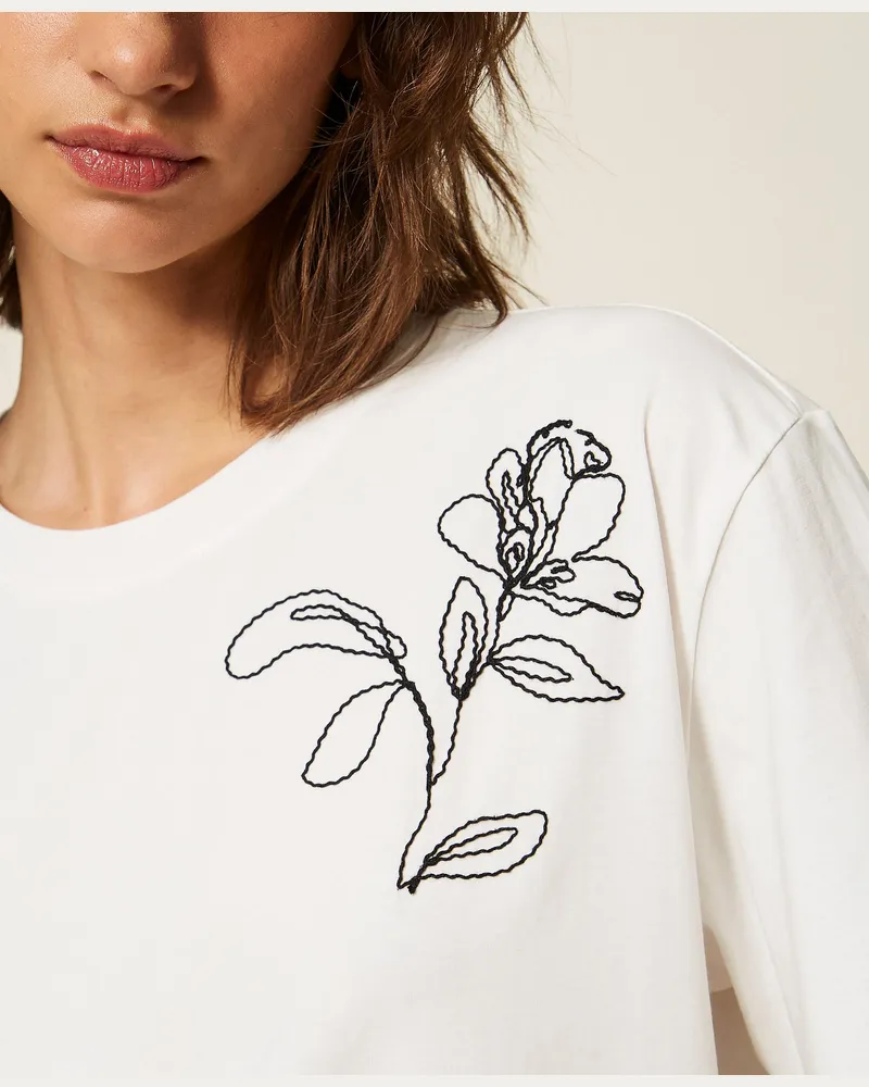 Twin-Set T-Shirt mit floralem Stickmotiv, Damen, Off White Herz Stickerei Schwarz Off