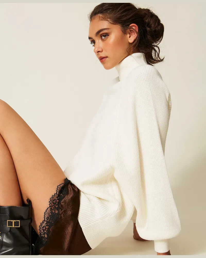 Twin-Set Over-Pullover mit hohem Kragen, Damen, Weiß Schnee Weiß