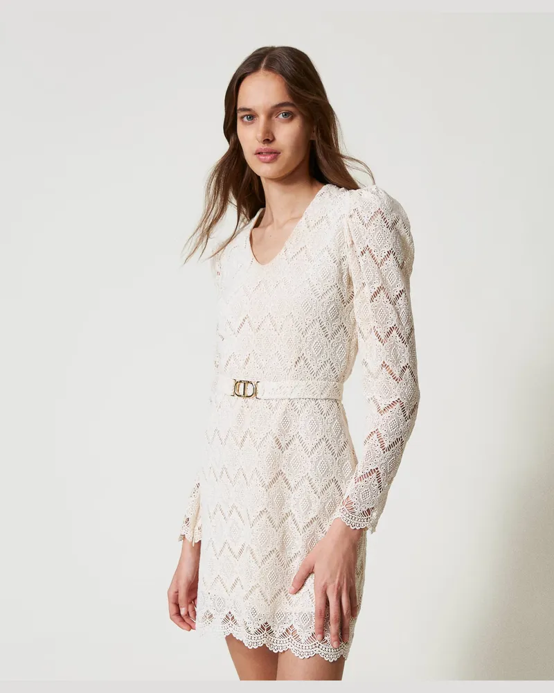 Twin-Set Kleider - Kurzes Kleid aus Makrameespitze, Delicate Beige, Größe Delicate