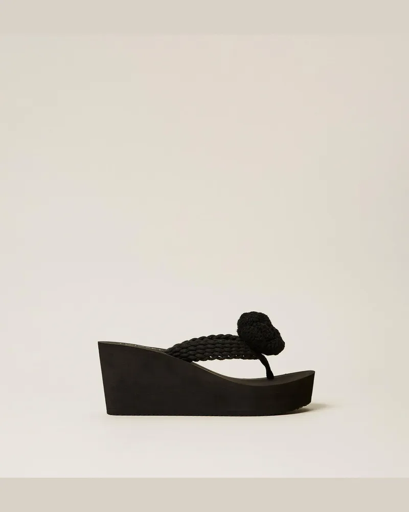 Twin-Set Schuhe - Keilsandale mit Blumen, Schwarz, Größe Schwarz