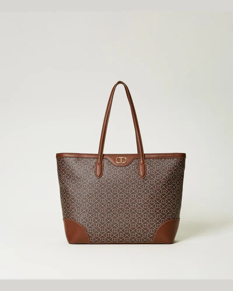 Twin-Set Taschen - Shopper mit „Floral T"-Print, Oval T Flowers Schwarzbraun, Einheitsgröße 