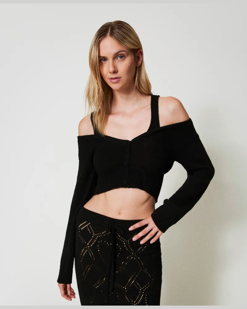 Twin-Set Cardigans - Cardigan aus Treeblend-Garn mit Zopfmustern, Schwarz, Wolle, Größe: XXL 